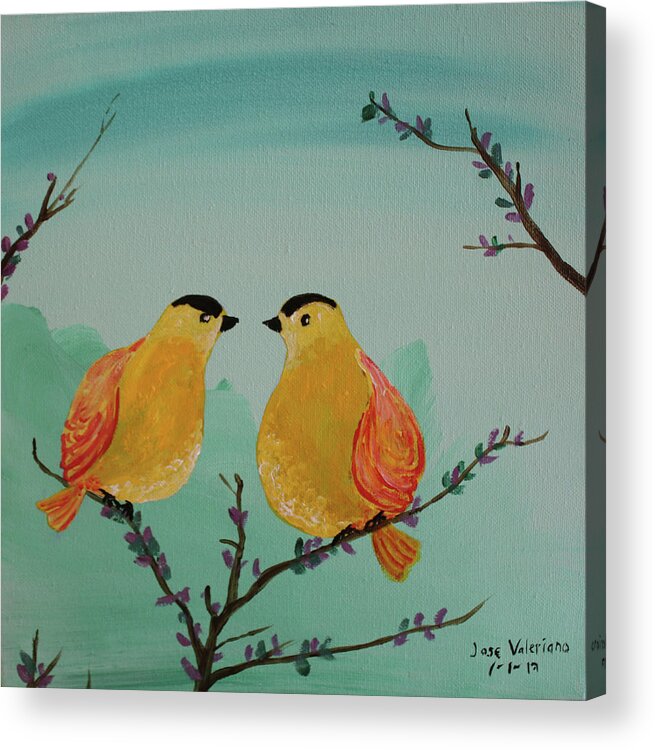 Acrylic Acrylic Print featuring the painting Two Yellow Chickadees by Martin Valeriano