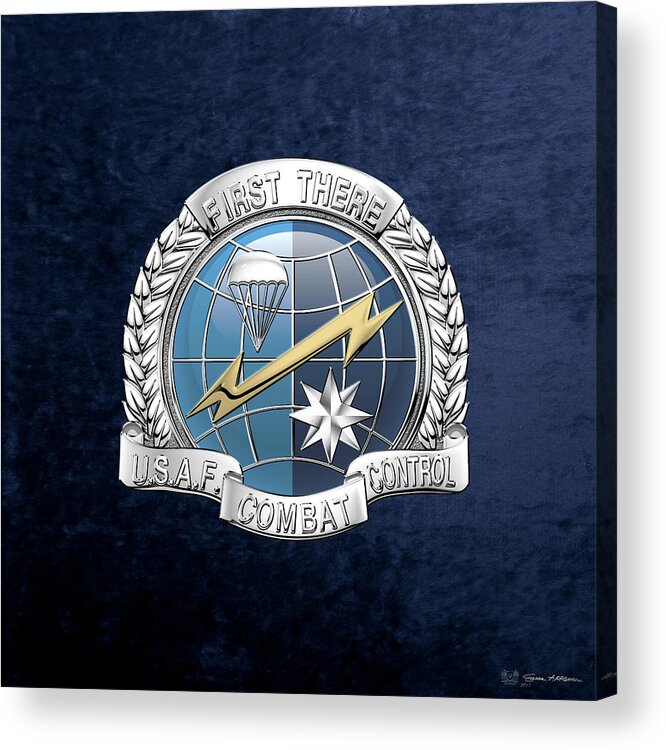 'military Insignia & Heraldry' Collection By Serge Averbukh Acrylic Print featuring the digital art U. S. Air Force Combat Control Teams - Combat Controller C C T Badge over Blue Velvet by Serge Averbukh