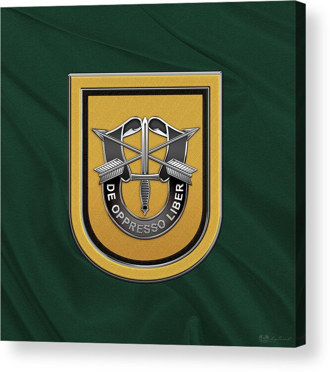 'u.s. Army Special Forces' Collection By Serge Averbukh Acrylic Print featuring the digital art U. S. Army 1st Special Forces Group - 1 S F G Beret Flash over Green Beret Felt by Serge Averbukh