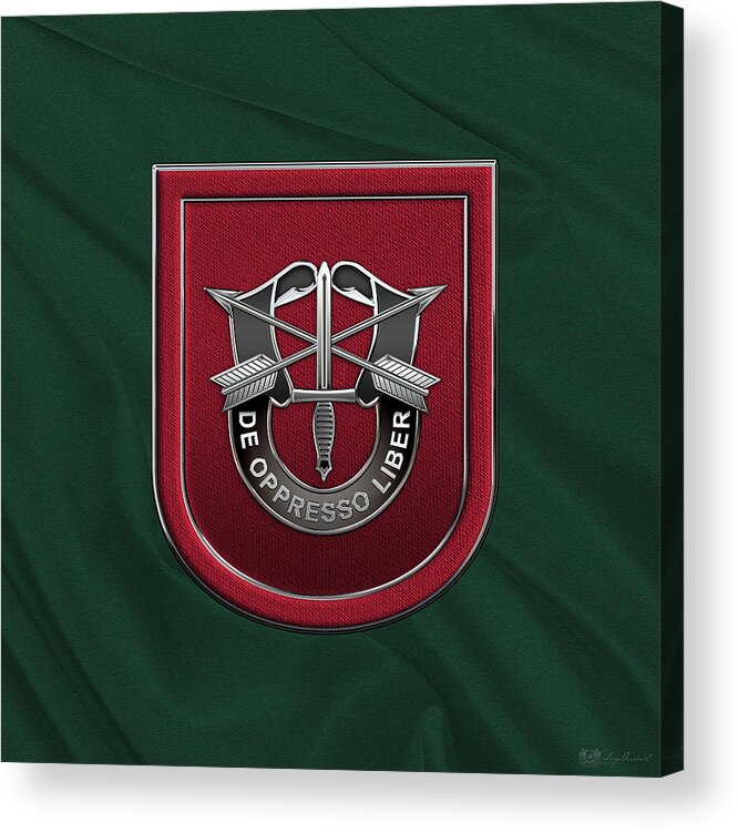 'u.s. Army Special Forces' Collection By Serge Averbukh Acrylic Print featuring the digital art U. S. Army 7th Special Forces Group - 7 S F G Beret Flash over Green Beret Felt by Serge Averbukh