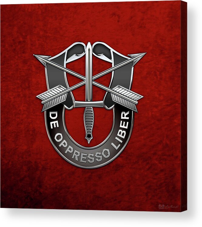 'military Insignia & Heraldry' Collection By Serge Averbukh Acrylic Print featuring the digital art U. S. Army Special Forces - Green Berets D U I over Red Velvet by Serge Averbukh
