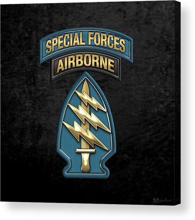 'military Insignia & Heraldry' Collection By Serge Averbukh Acrylic Print featuring the digital art U. S. Army Special Forces - Green Berets S S I over Black Velvet by Serge Averbukh