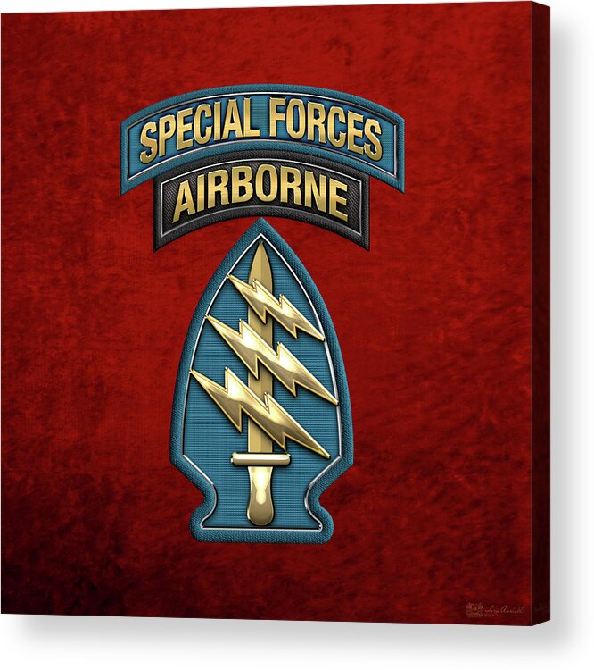 'military Insignia & Heraldry' Collection By Serge Averbukh Acrylic Print featuring the digital art U. S. Army Special Forces - Green Berets S S I over Red Velvet by Serge Averbukh