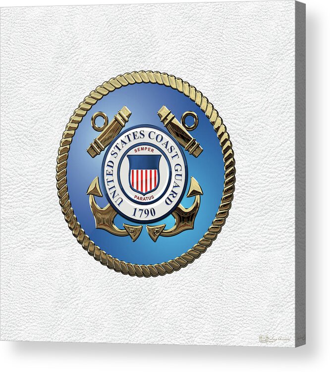 'military Insignia & Heraldry 3d' Collection By Serge Averbukh Acrylic Print featuring the digital art U. S. Coast Guard - U S C G Emblem over White Leather by Serge Averbukh