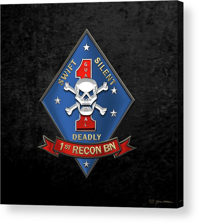 'military Insignia & Heraldry' Collection By Serge Averbukh Acrylic Print featuring the digital art U S M C 1st Reconnaissance Battalion - 1st Recon Bn Insignia over Black Velvet by Serge Averbukh