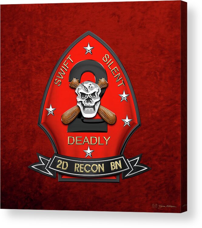'military Insignia & Heraldry' Collection By Serge Averbukh Acrylic Print featuring the digital art U S M C 2nd Reconnaissance Battalion - 2nd Recon Bn Insignia over Red Velvet by Serge Averbukh