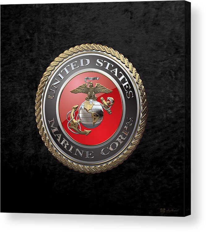 'usmc' Collection By Serge Averbukh Acrylic Print featuring the digital art U. S. Marine Corps - U S M C Emblem over Black Velvet by Serge Averbukh