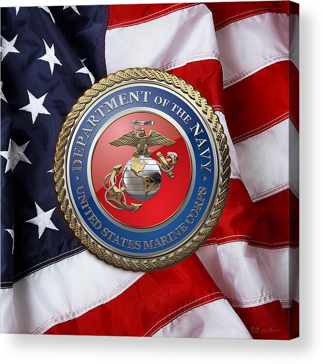'military Insignia & Heraldry 3d' Collection By Serge Averbukh Acrylic Print featuring the digital art U. S. Marine Corps - U S M C Seal over American Flag. by Serge Averbukh