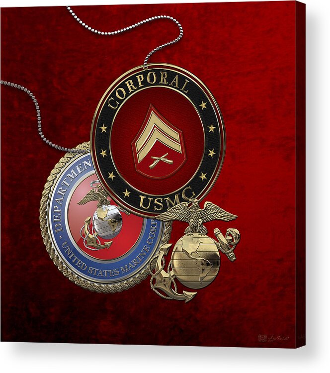 �military Insignia 3d� By Serge Averbukh Acrylic Print featuring the digital art U. S. Marines Corporal Rank Insignia over Red Velvet by Serge Averbukh