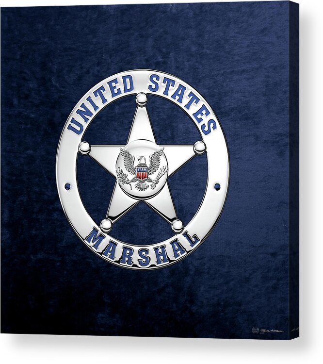 'law Enforcement Insignia & Heraldry' Collection By Serge Averbukh Acrylic Print featuring the digital art U. S. Marshals Service - U S M S Badge over Blue Velvet by Serge Averbukh
