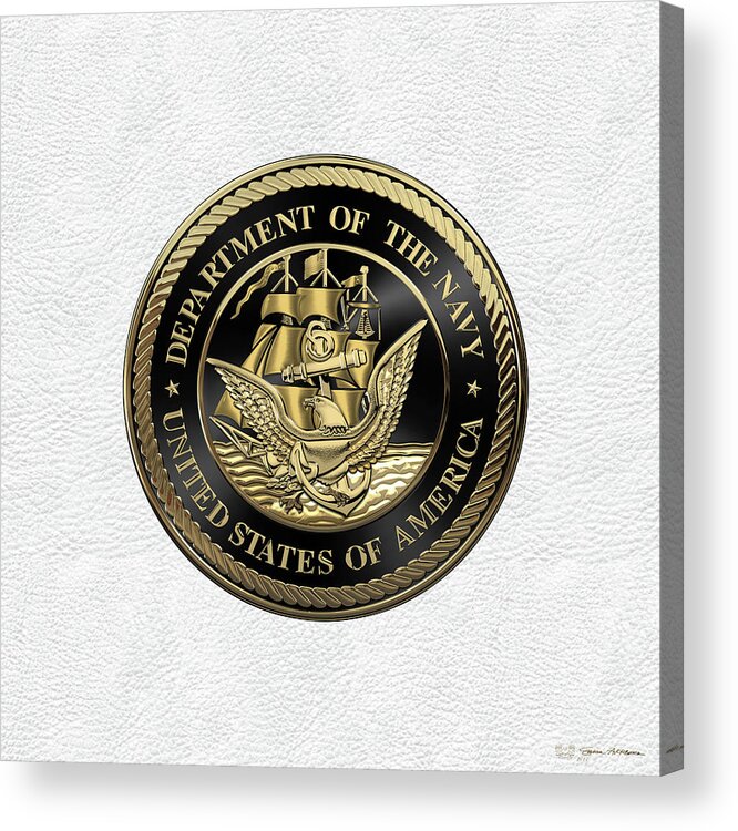 'military Insignia & Heraldry' Collection By Serge Averbukh Acrylic Print featuring the digital art U. S. Navy - U S N Emblem Black Edition over White Leather by Serge Averbukh