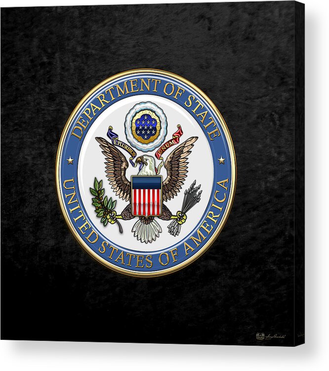 'military Insignia & Heraldry 3d' Collection By Serge Averbukh Acrylic Print featuring the digital art U. S. Department of State - DoS Emblem over Black Velvet by Serge Averbukh