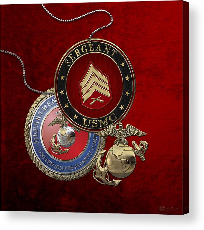 Military Insignia 3d By Serge Averbukh Acrylic Print featuring the digital art U. S. Marines Sergeant - U S M C Sgt Rank Insignia over Red Velvet by Serge Averbukh
