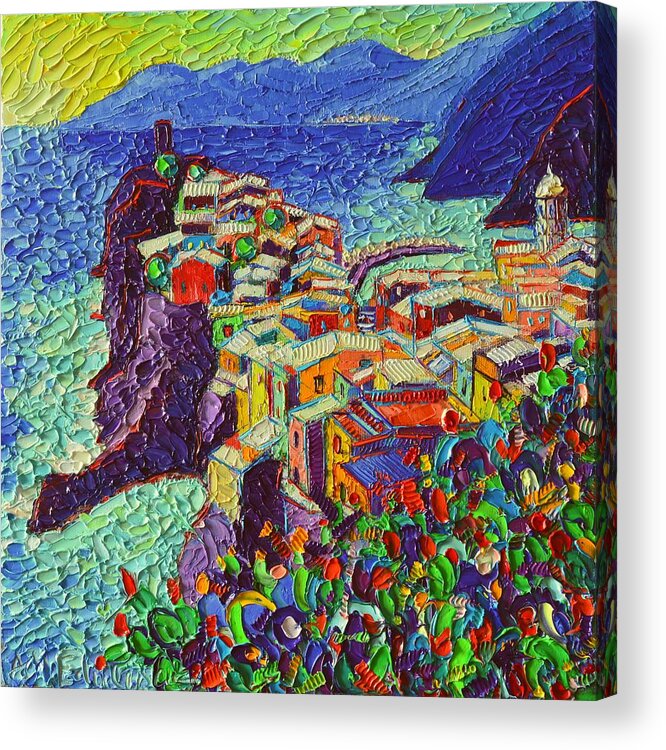 Vernazza Acrylic Print featuring the painting Vernazza Cinque Terre Italy 2 Modern Impressionist Palette Knife Oil Painting By Ana Maria Edulescu by Ana Maria Edulescu