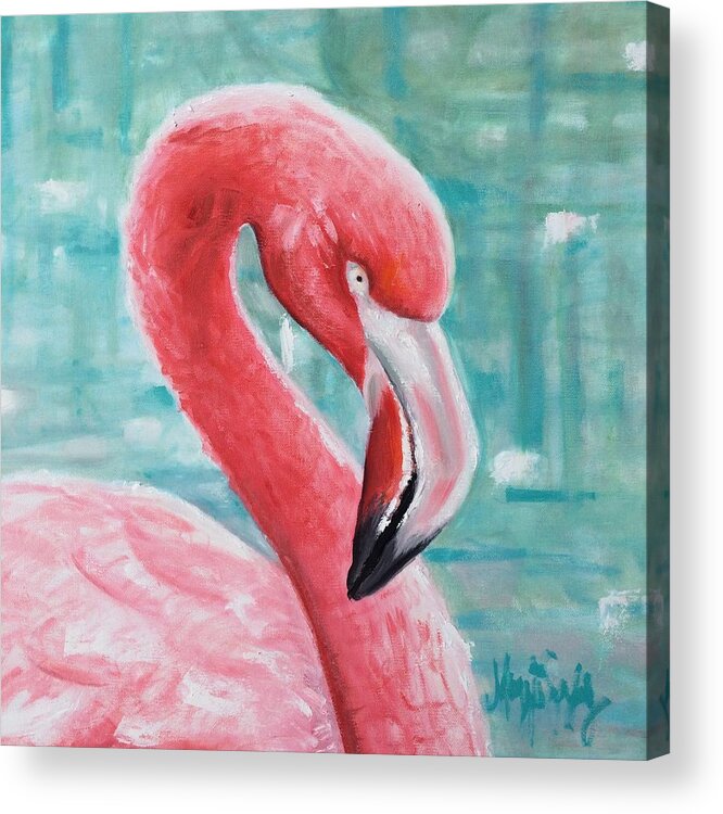 Flamingo Acrylic Print featuring the painting Very Pink Flamingo by Maggii Sarfaty