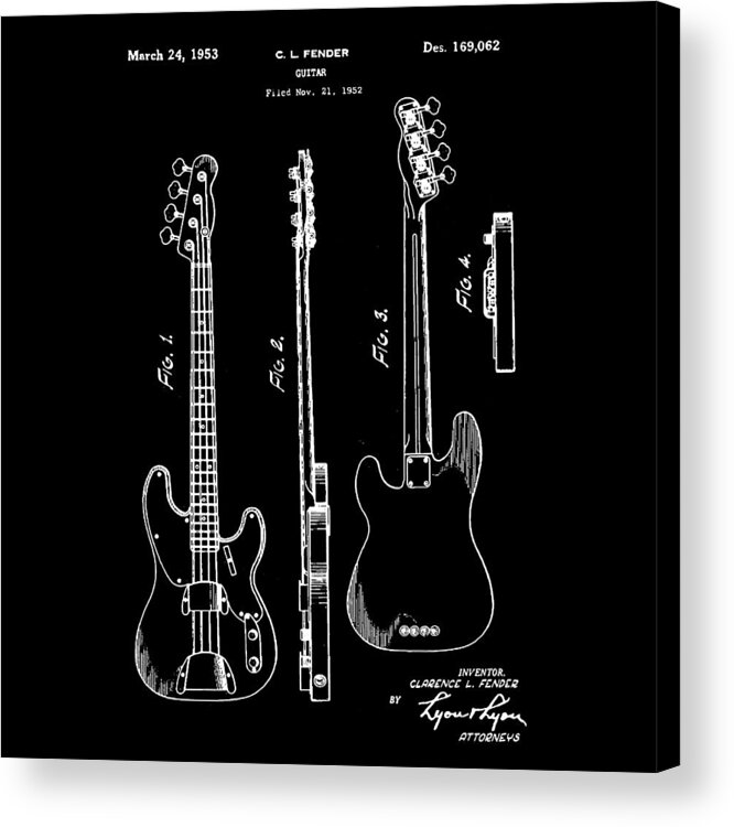 Vintage Acrylic Print featuring the photograph Vintage 1953 Fender Base Patent by Bill Cannon