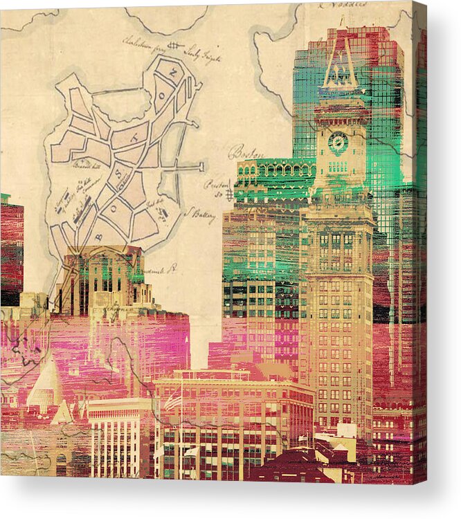 Brandi Fitzgerald Acrylic Print featuring the digital art Vintage Boston Skyline by Brandi Fitzgerald