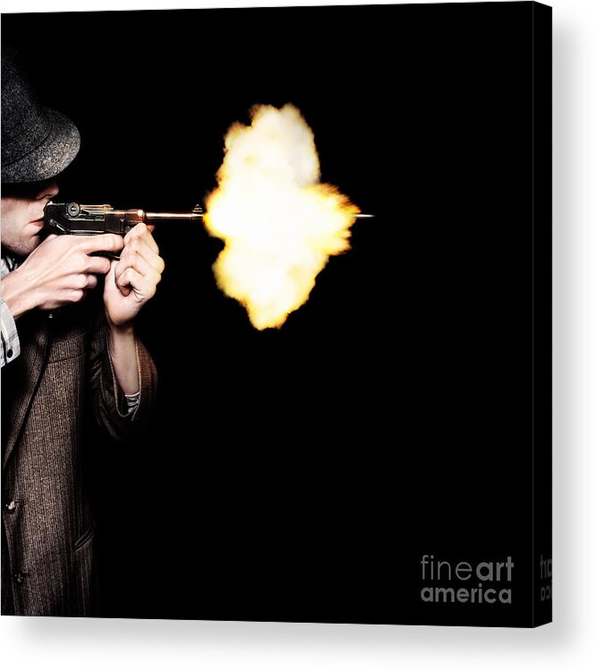 Gangster Acrylic Print featuring the photograph Vintage Gangster Man Shooting Gun On Black by Jorgo Photography