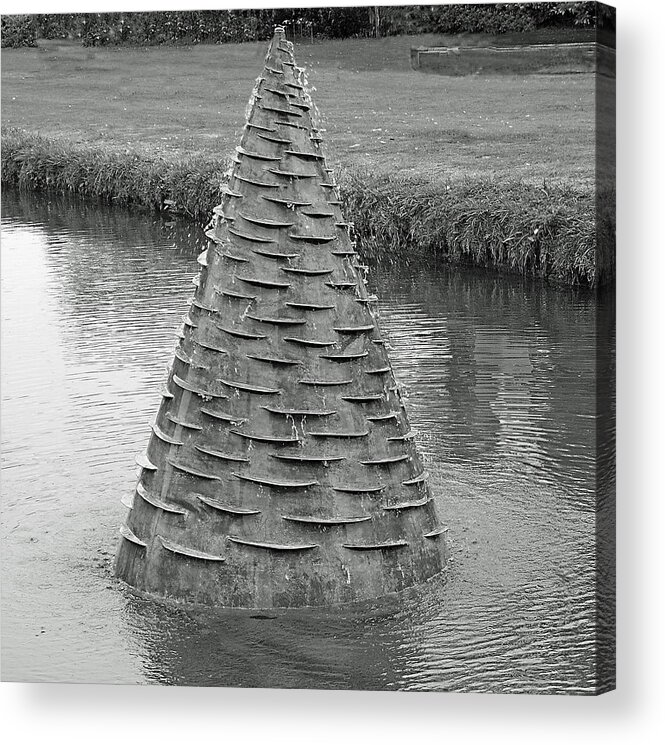 Sculpture Water Feature Conical Stream Steel Art Conceptual Monochrome Acrylic Print featuring the photograph Water Feature Sculpture Monochrome by Jeff Townsend