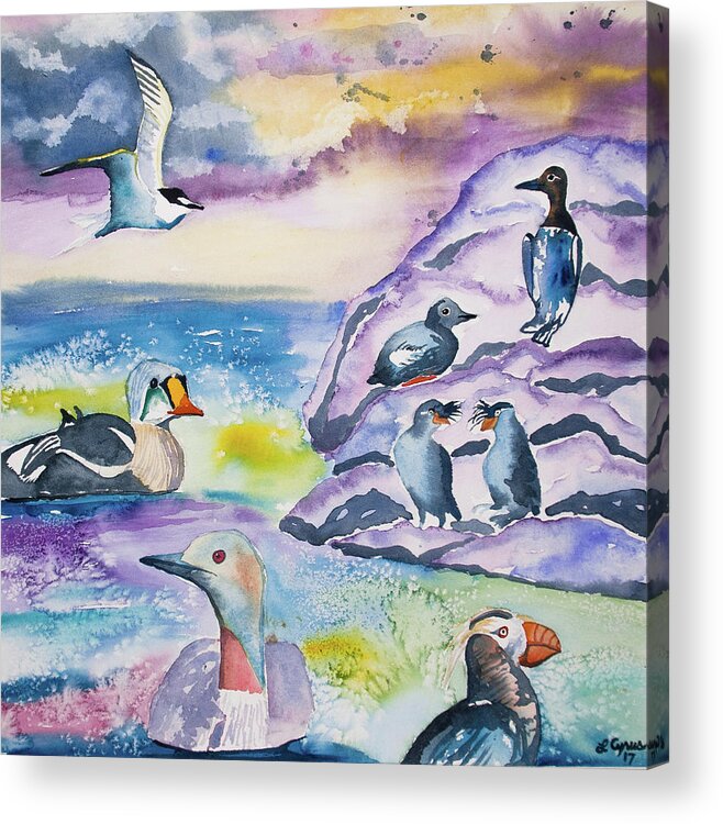 Alaska Acrylic Print featuring the painting Watercolor - Alaska Seabird Gathering by Cascade Colors