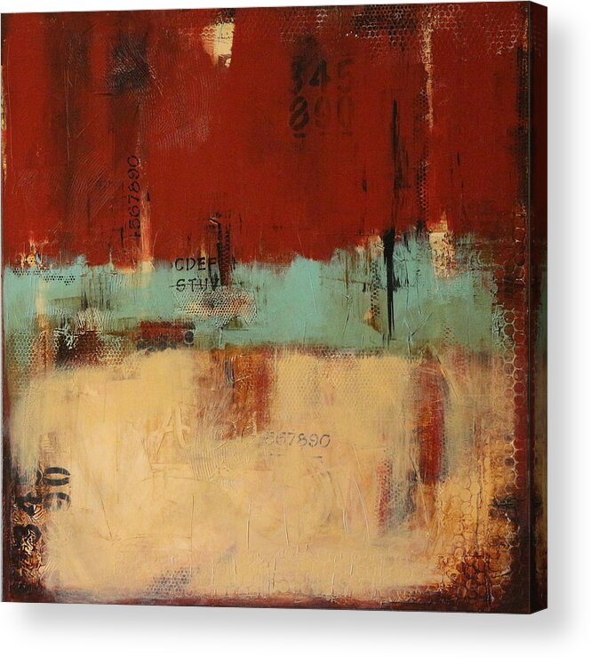 Mixed Media Abstract Textured Contemporary Acrylic Painting In Red Acrylic Print featuring the painting Weathered I by Lauren Petit