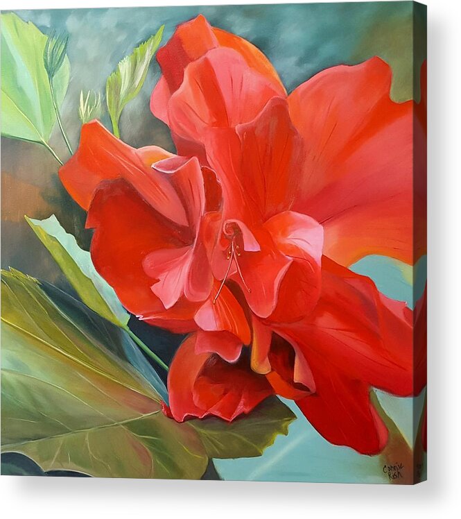 Red Dragon Hibiscus Acrylic Print featuring the painting Welcome the Red Dragon by Connie Rish