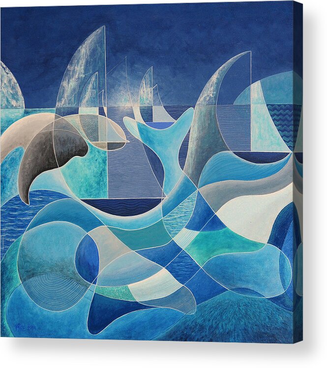Midnight Sun Acrylic Print featuring the painting Whales in the Midnight Sun by Douglas Pike