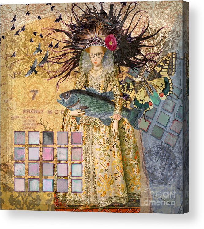 Doodlefly Acrylic Print featuring the digital art Whimsical Pisces Woman Renaissance fishing Gothic by Mary Hubley