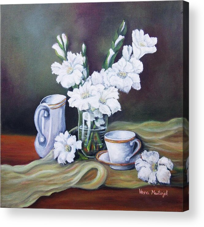 White Acrylic Print featuring the painting White Gladioli by Vesna Martinjak