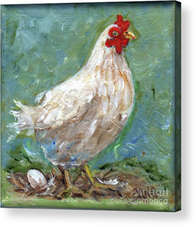 Hen Acrylic Print featuring the painting White Hen lays egg by Doris Blessington