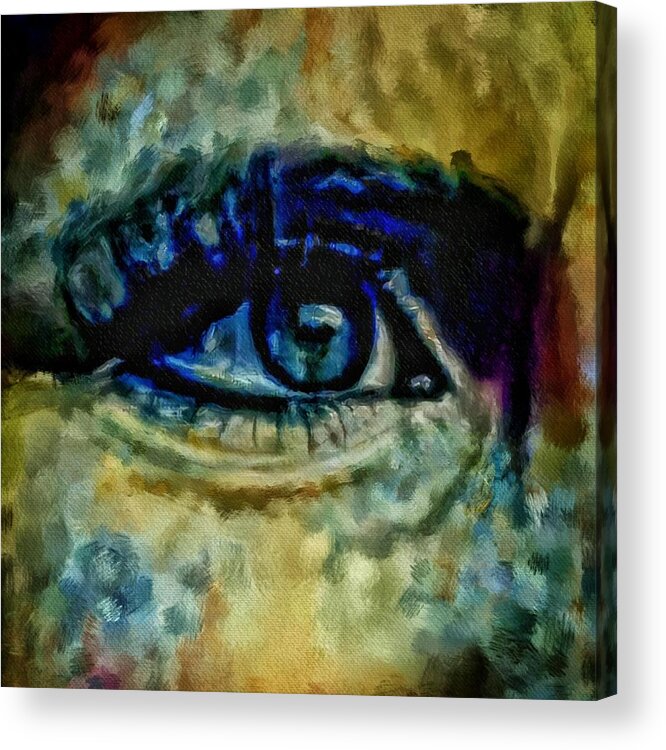 Windows Into The Soul Eye Painting Closeup Acrylic Print featuring the painting Windows Into The Soul Eye Painting Closeup All Seeing Eye In Blue Pink Red Magenta Yellow Eye Of Go by MendyZ