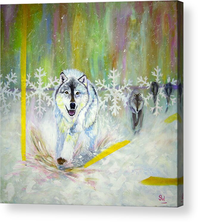 Art Acrylic Print featuring the painting Wolves approach by Shirley Wellstead