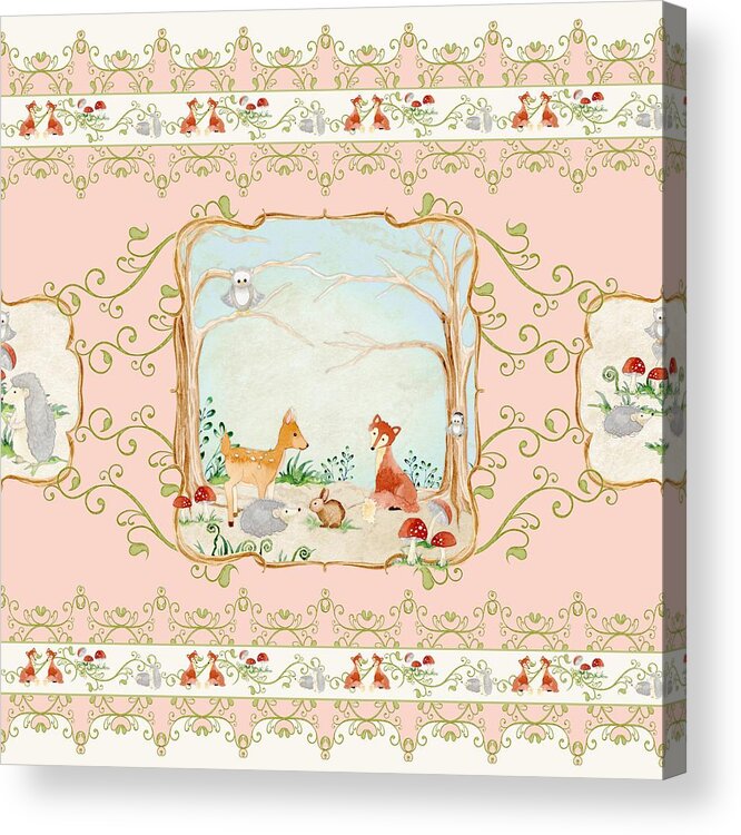 Wood Acrylic Print featuring the painting Woodland Fairy Tale - Blush Pink Forest Gathering of Woodland Animals by Audrey Jeanne Roberts