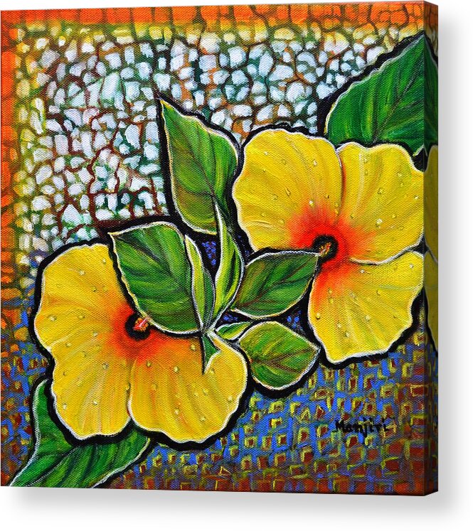Hibiscus Acrylic Print featuring the painting Yellow Hibiscus a decorative painting with mosaic style on sale by Manjiri Kanvinde