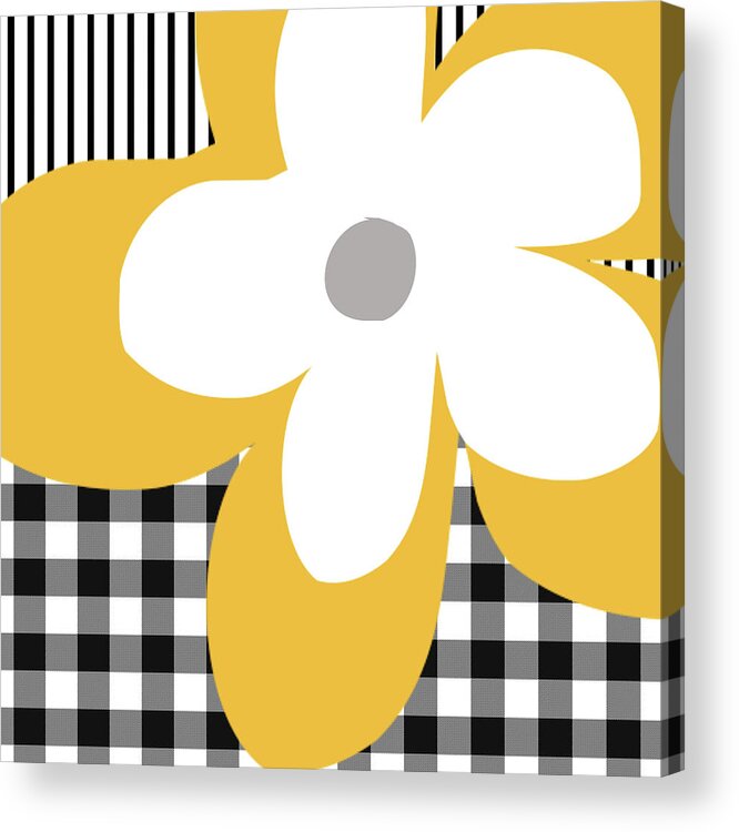 Gingham Acrylic Print featuring the mixed media Yellow Picnic Flower- Art by Linda Woods by Linda Woods