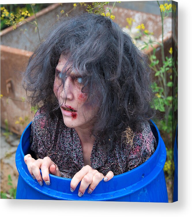 Zombie Acrylic Print featuring the photograph Zombie in barrel - scary and funny by Matthias Hauser
