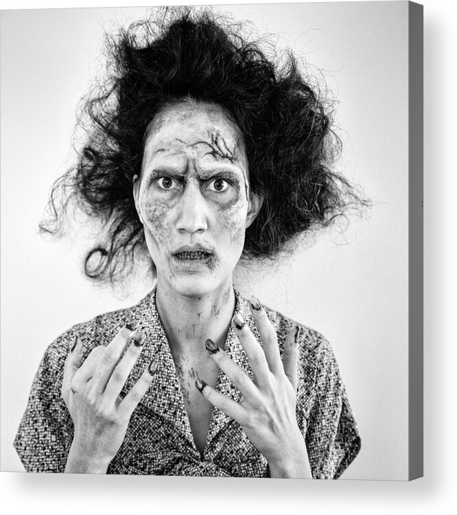 Zombie Acrylic Print featuring the photograph Zombie woman portrait black and white by Matthias Hauser