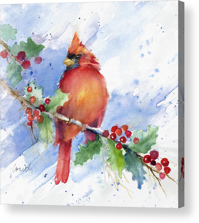 Cardinal Acrylic Print featuring the painting Cardinal On Holly Branch #1 by Lanie Loreth
