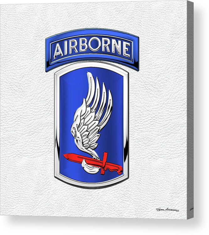 Military Insignia & Heraldry By Serge Averbukh Acrylic Print featuring the digital art 173rd Airborne Brigade Combat Team - 173rd A B C T Insignia over White Leather by Serge Averbukh