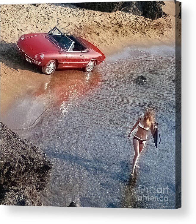 Vintage Acrylic Print featuring the photograph 1980s Alfa Romeo Convertible With Woman On The Beach by Retrographs