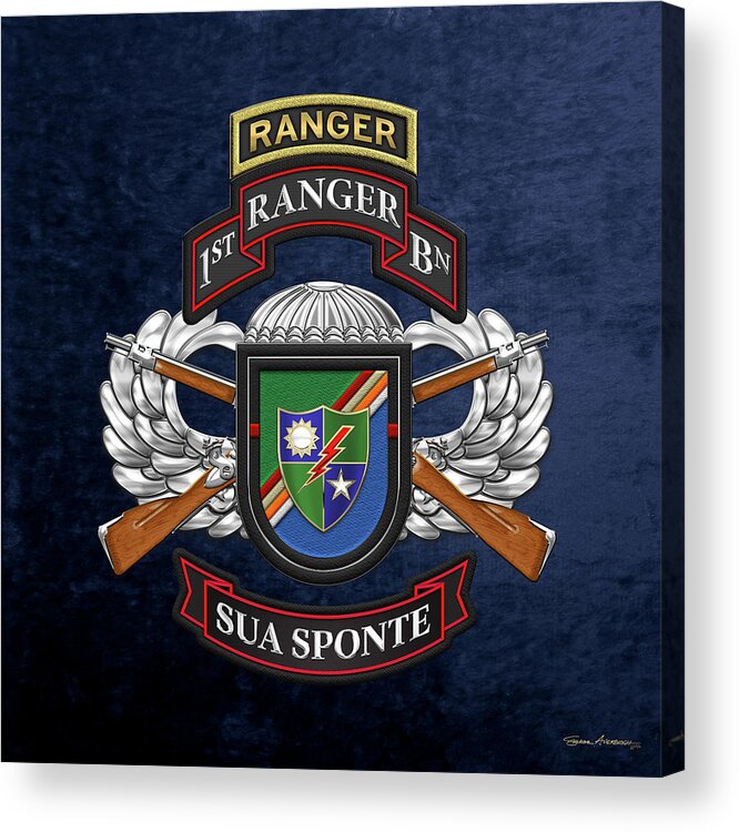  Military Insignia & Heraldry Collection By Serge Averbukh Acrylic Print featuring the digital art 1st Ranger Battalion - Army Rangers Special Edition over Blue Velvet by Serge Averbukh