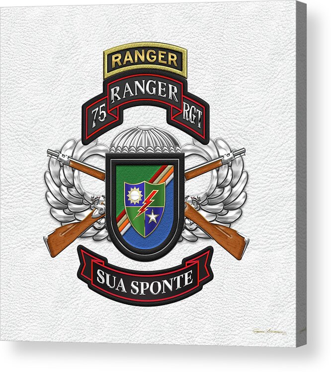  Military Insignia & Heraldry By Serge Averbukh Acrylic Print featuring the digital art 75th Ranger Regiment - Army Rangers Special Edition over White Leather by Serge Averbukh