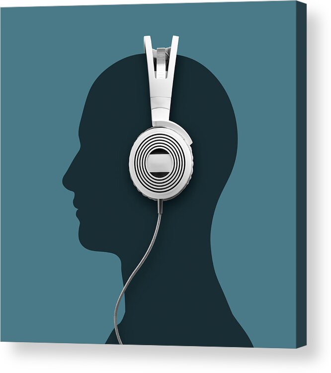 Music Acrylic Print featuring the photograph A Headphone And A Silhouette Head by Jorg Greuel