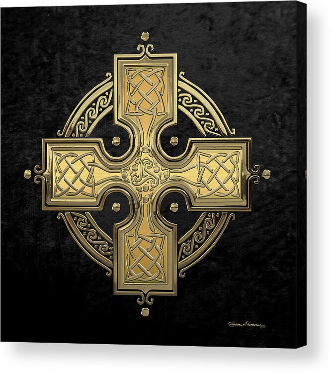 ‘celtic Treasures’ Collection By Serge Averbukh Acrylic Print featuring the digital art Ancient Gold Celtic Knot Cross over Black Velvet by Serge Averbukh