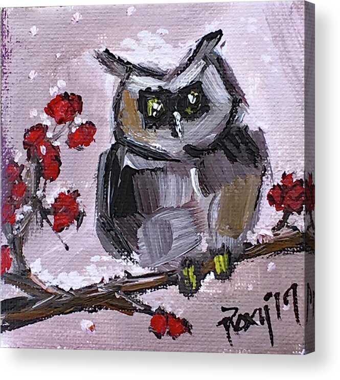 Owl Acrylic Print featuring the painting Baby Owl with Berries by Roxy Rich
