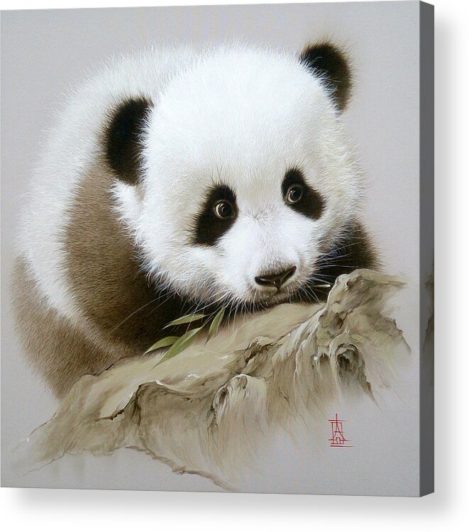 Russian Artists New Wave Acrylic Print featuring the painting Baby Panda with Bamboo Leaves by Alina Oseeva