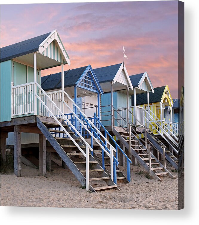 Beach Huts Acrylic Print featuring the photograph Beach Huts Sunset Square by Gill Billington