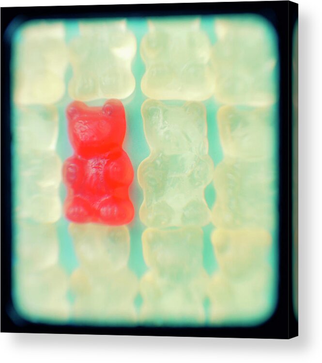 In A Row Acrylic Print featuring the photograph Bear Shaped Jelly Candy Sweets One Red by Robert Reader