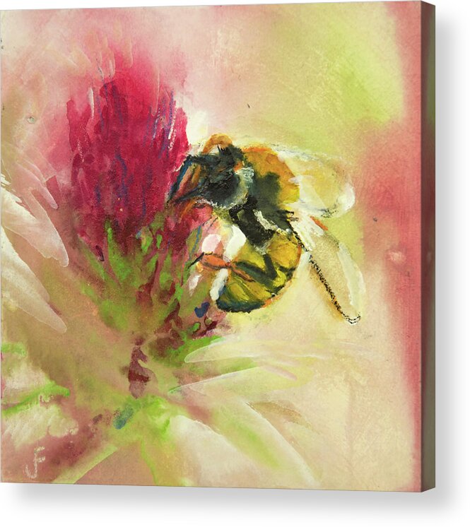 Bee Acrylic Print featuring the painting Bee On Clover by Jani Freimann