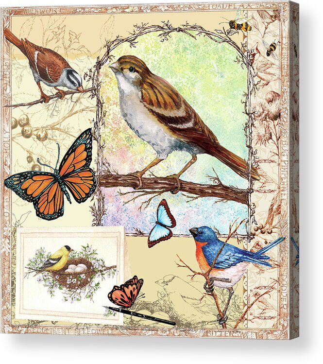 Birds Acrylic Print featuring the mixed media Birds, Butterflys, Bees-pastels by Sher Sester